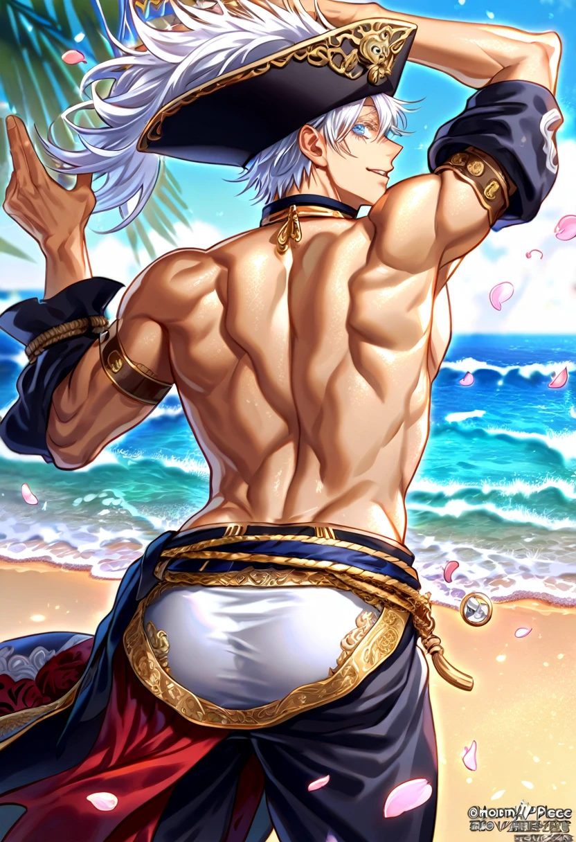 absurdres, highres, ultra detailed, HDR, master piece, best quality, detailed face, delicate features, Gojou Satoru, white hair, expressive blue eyes, white eyelashes, Jujutsu Kaisen, solo, sexy man, handsome, horny, toned chest, handsome smile, fantasy white pirate clothes, pirate hat, sexy pose, from behind, big butt, sea, beach, petals