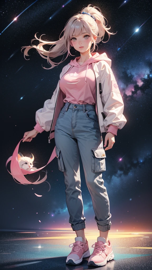 (((Holding a cute orange bantam cat))),((Highest quality,masterpiece,Full body front view of a mature beauty with big breasts,Air bangs,Blue gray high ponytail super long straight hair,Slightly curly hair on double sideburns,Hair ends curled in,Gray and pink short T-shirt,Light blue denim gray hooded jacket,Black and gray long and wide cargo pants,Pink and white sneakers)),starry sky galaxy background