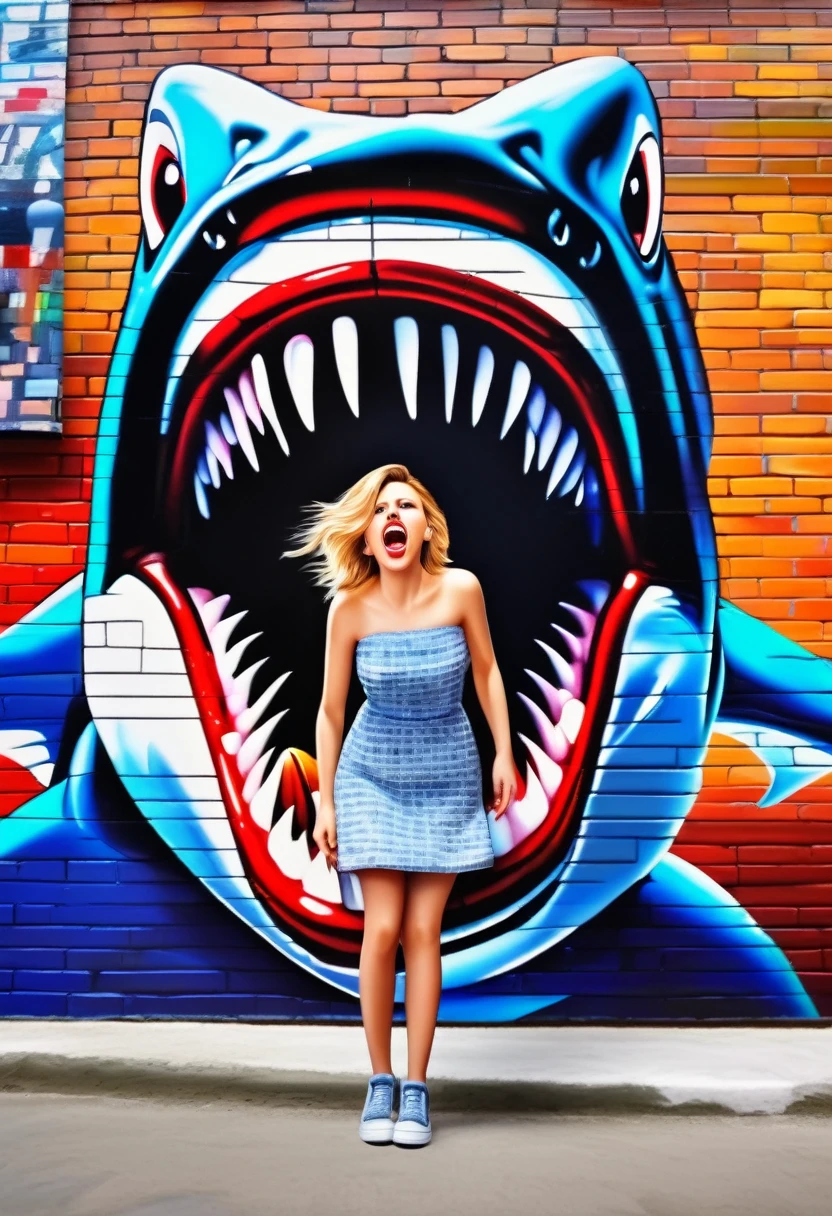 [View from the front, (octane) ((very realistic)), huge shark mouth, graffiti mural on a brick wall ((detailed by Conor Harrington))::20]:[oil painting, extreme detail, small doll of Scarlett Johansson in full height, screaming, falling pose ((by John Wilhelm))], intricately, extremely attractive art, ((Best quality)), ((Masterpiece)), ((realistic)), (perfect), 8K, impressionism:0.2"