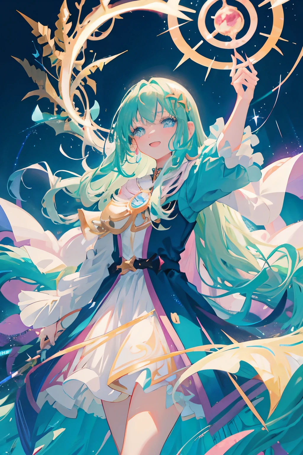 Create a vibrant and magical anime girl character. She should have long, flowing blue hair and bright green eyes that sparkle with excitement. Dress her in an enchanting outfit, complete with mystical accessories and a glowing magical staff. The background should be a mystical forest at twilight, with sparkling lights and magical creatures.