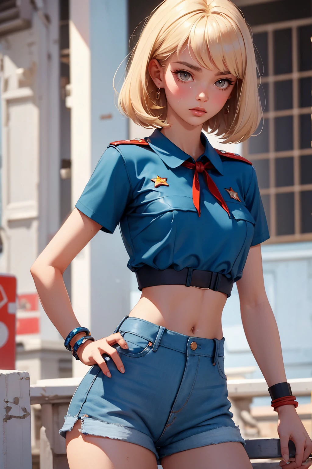 Teenage soviet pioneer girl-model 18 years old, beautiful, too much tanned, blonde, bob hair, bangs, brown eyes, beautiful figure, girl wearing crop shirt and too much short mini shorts, long legs, slave bracelets, manicure, cute makeup, sweaty clothes armpits, flirtatiously posing, hot summer, hot flirty,  posing, summer outfit, top quality, higest quality, pin-up style, retro 80s style, soviet pioneer style