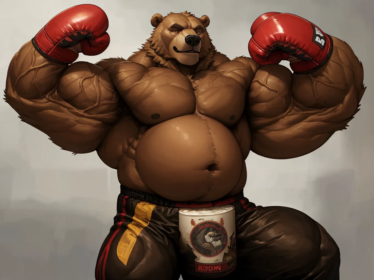 a huge muscular kodiak brown bear, extremely detailed brown fur, powerful pecs, beer belly, veins popping,red boxing gloves, black boxing pants with red line, flexing for boxing victory, masterpiece, 8k, ultra-detailed,realistic,photo-realistic,physically-based rendering,vivid colors