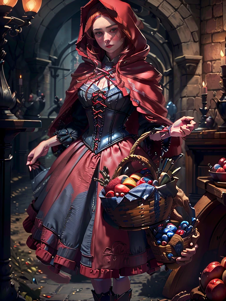 a beautiful woman with striking blue eyes wearing a red hooded cloak, corset, and red skirt, holding a basket of fruit, detailed face, eyes, lips and lashes, masterpiece, (best quality, 8k, highres, photorealistic:1.37), intricate details, dramatic lighting, fantasy, cinematic, vibrant colors