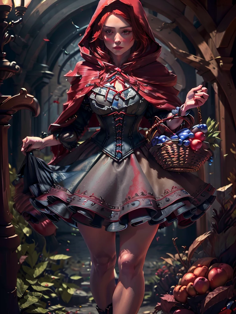 a beautiful woman with striking blue eyes wearing a red hooded cloak, corset, and red skirt, holding a basket of fruit, detailed face, eyes, lips and lashes, masterpiece, (best quality, 8k, highres, photorealistic:1.37), intricate details, dramatic lighting, fantasy, cinematic, vibrant colors