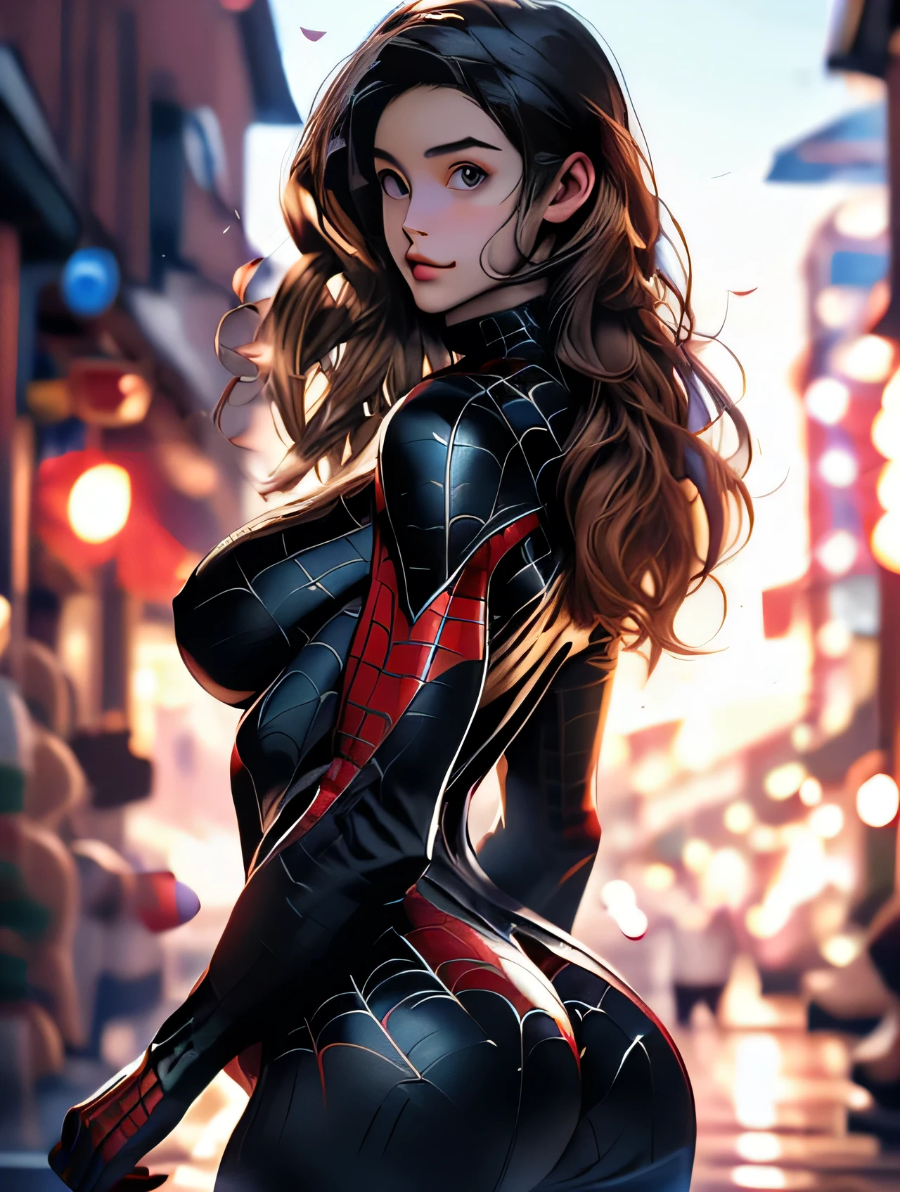 ((best quality)), ((masterpiece)), young woman, beautiful and confident, big breasts, large hips, red curly hair, She wears Spider-Man suit, ((Very detailed eyes and face)))), super beautiful body, the sun is at sunrise, hands behind Her ass,   behind her