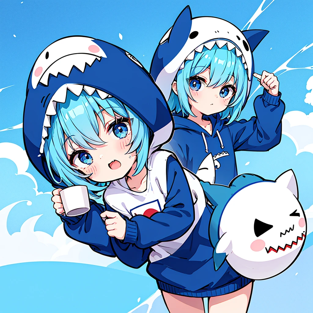 shark hooded anime character holding a cup of coffee, cute anime, kawaii rainy gloomy, 2d anime style, maple story character art, Boy Anime, cute character, kawaii chibi, blue color, chibi anime, Cute anime style, game art!!, wearing a blue sweatshirt, cute art, cute art style, blue theme, high quality fanart