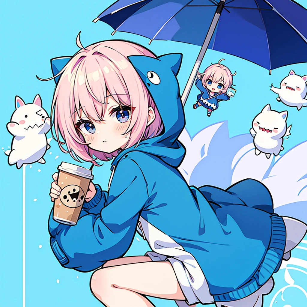 shark hooded anime character holding a cup of coffee, cute anime, kawaii rainy gloomy, 2d anime style, maple story character art, Boy Anime, cute character, kawaii chibi, blue color, chibi anime, Cute anime style, game art!!, wearing a blue sweatshirt, cute art, cute art style, blue theme, high quality fanart