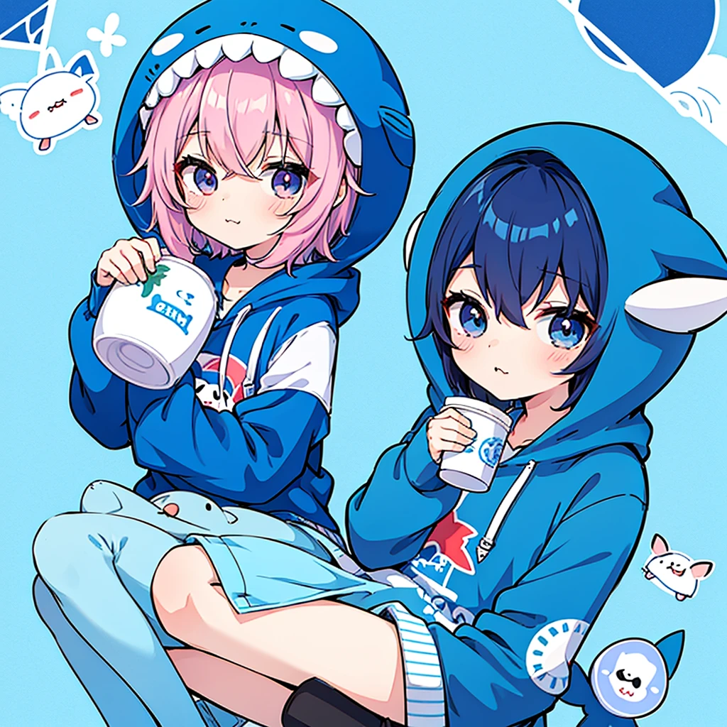 shark hooded anime character holding a cup of coffee, cute anime, kawaii rainy gloomy, 2d anime style, maple story character art, Boy Anime, cute character, kawaii chibi, blue color, chibi anime, Cute anime style, game art!!, wearing a blue sweatshirt, cute art, cute art style, blue theme, high quality fanart