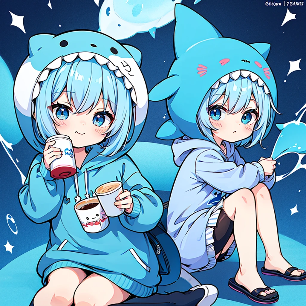 shark hooded anime character holding a cup of coffee, cute anime, kawaii rainy gloomy, 2d anime style, maple story character art, Boy Anime, cute character, kawaii chibi, blue color, chibi anime, Cute anime style, game art!!, wearing a blue sweatshirt, cute art, cute art style, blue theme, high quality fanart