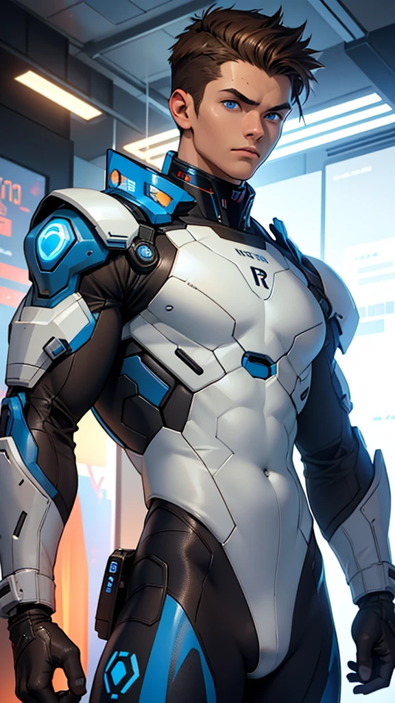 18 year old cybernetic guy detailed muscles realistic masterpieces full figure pose (best quality,ultra-detailed), brown hair, blue eyes, fair skin, fit body, slim figure, wearing cybernetic mobile battle spacesuit