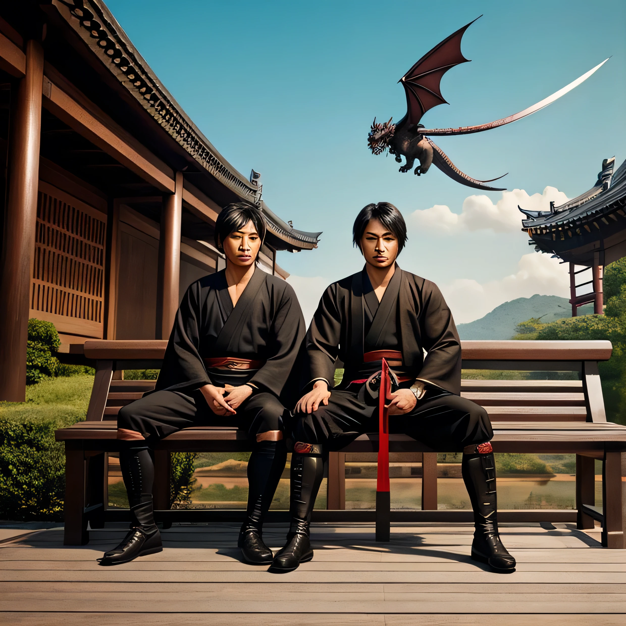 
a group 2 mens (ninja) (boy) (male)sitting on a bench with swords and a dragon flying above them, an album cover inspired by Wu Daozi, pixiv contest winner, conceptual art, sengoku - era art style, feudal japan art, sengoku era, ruan jia and brom, detailed cover artwork, official artwork, from sengoku period, highly detailed cover art