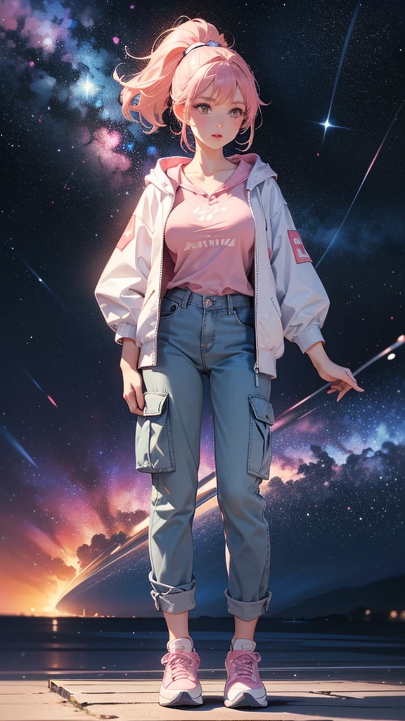 (((Holding a cute orange bantam cat)))，((Highest quality，masterpiece，Full body front view of a mature beauty with big breasts，Air bangs，Blue gray high ponytail super long straight hair，Slightly curly hair on double sideburns，Hair ends curled in，Gray and pink short T-shirt，Light blue denim gray hooded jacket，Black and gray long and wide cargo pants，Pink and white sneakers))，starry sky galaxy background