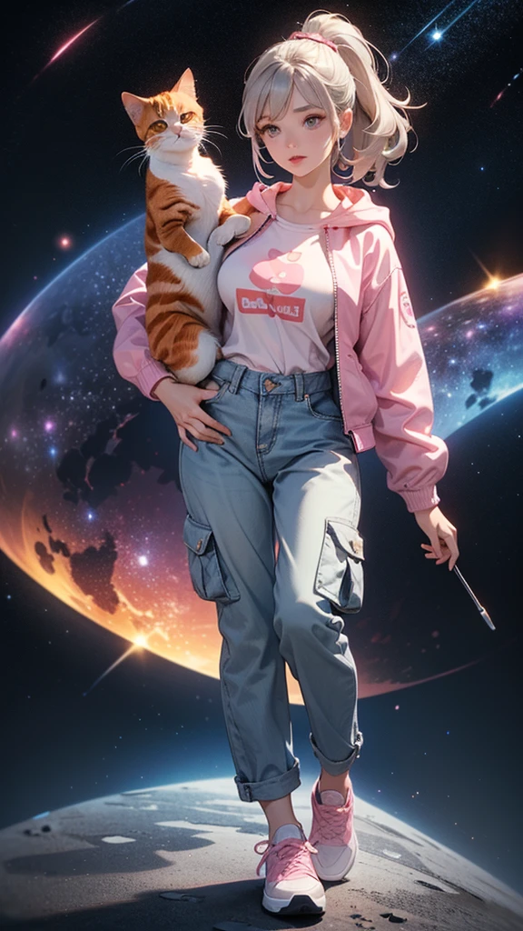 (((Holding a cute orange bantam cat))),((Highest quality,masterpiece,Full body front view of a mature beauty with big breasts,Air bangs,Blue gray high ponytail super long straight hair,Slightly curly hair on double sideburns,Hair ends curled in,Gray and pink short T-shirt,Light blue denim gray hooded jacket,Black and gray long and wide cargo pants,Pink and white sneakers)),starry sky galaxy background