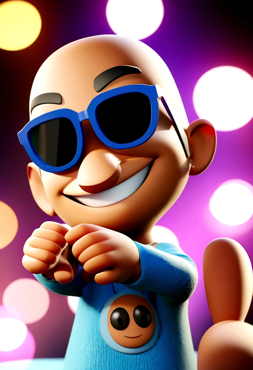 Cartoon character of a dark-skinned man, baldie, smiling man in sunglasses and blue shirt, animation character, stylized character, animation style rendering, 3d stylized, Arnold Maya rendering, Stylized 3D rendering, toon render screenshot, 3d character, 3d character, Stylized 3D rendering, 3D character rendering, cartoon character, Personagem de close up, character posing,  (Pixar-style) (master part:1.2) (bokeh) (best qualityer) (skin detailed) (detailed texture) (8K) (Argilla) (cinematic lighting) (sharp focus