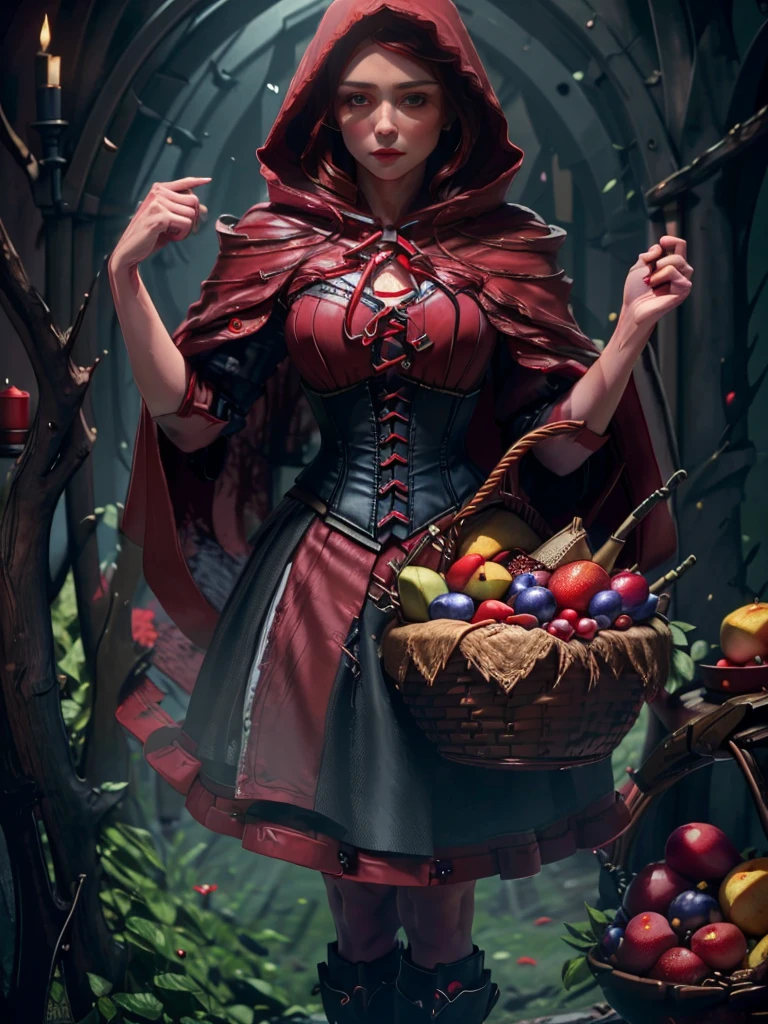 a beautiful woman with striking blue eyes wearing a red hooded cloak, corset, and red skirt, holding a basket of fruit, detailed face, eyes, lips and lashes, masterpiece, (best quality, 8k, highres, photorealistic:1.37), intricate details, dramatic lighting, fantasy, cinematic, vibrant colors
