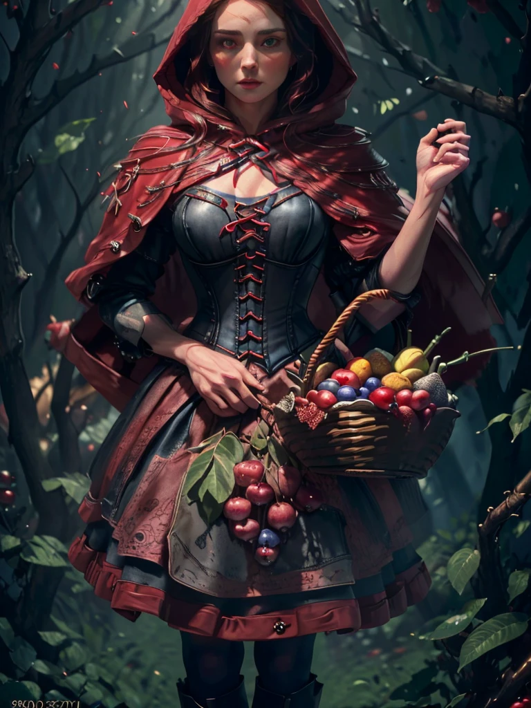 a beautiful woman with striking blue eyes wearing a red hooded cloak, corset, and red skirt, holding a basket of fruit, detailed face, eyes, lips and lashes, masterpiece, (best quality, 8k, highres, photorealistic:1.37), intricate details, dramatic lighting, fantasy, cinematic, vibrant colors
