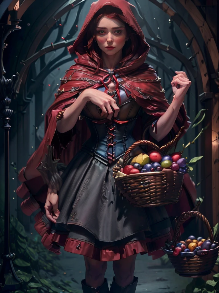 a beautiful woman with striking blue eyes wearing a red hooded cloak, corset, and red skirt, holding a basket of fruit, detailed face, eyes, lips and lashes, masterpiece, (best quality, 8k, highres, photorealistic:1.37), intricate details, dramatic lighting, fantasy, cinematic, vibrant colors
