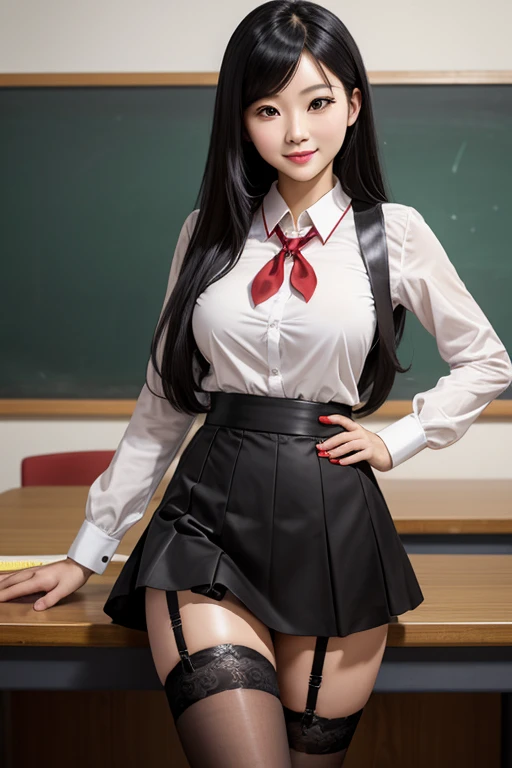 sexy teacher with long stocking and garter belt, short skirt, medium breasts, chinese girl, long black hair, chinese comunist teacher