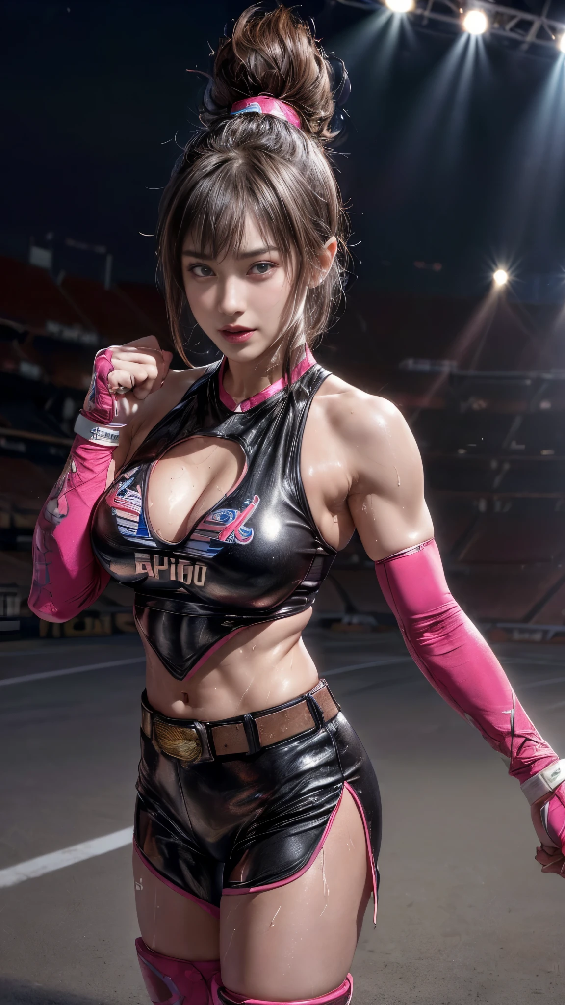 nsfw、Female professional wrestler、((Championship Belt))、expensive、smile、((In the Ring))、((Spotlight))、(((Big stadium)))、((Super big breasts))、((Super tight costume))、Wristband、(((Aggressive, outlandish and flashy costumes)))、((Elbow guard))、(Shin guard)、I can see your muscles、Hairstyle with bangs、((Sweat))、((Match venue))、Very beautiful woman、((Female Athletes))、(Detailed face)、Realistic Skin、((Delicate photo)),(Girl masterpiece RAW photo details:1.25), (Highest quality:1.6), (Ultra-high resolution:1.5), (Realistic:1.75), 8K resolution,50mm, Absurd, Super detailed,Cinema Lighting、