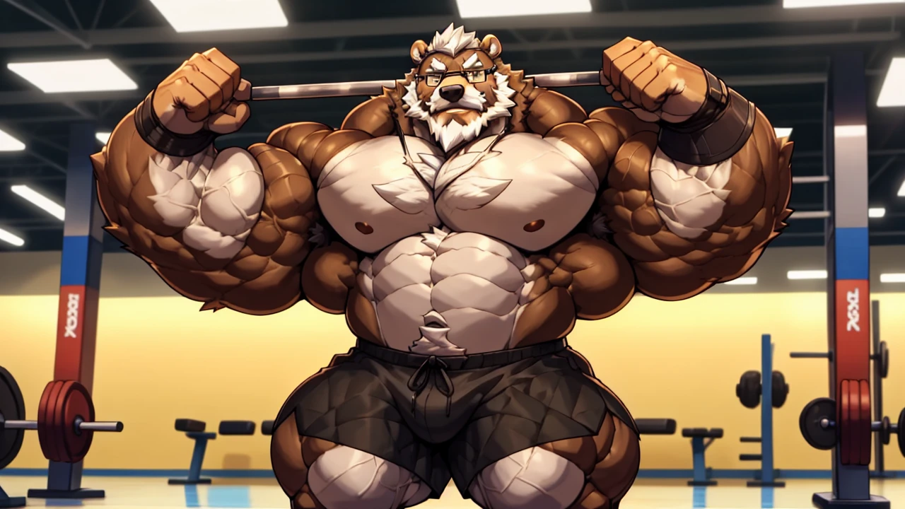 solo, 1boy, Huge Muscular Old Grizzly Bear wearing glasses, correct anatomy, steroid, pectoral, huge pectoral, wide pectoral, short white hair, black gym short pants, black wristbands, bearded, Mustache, gym background, masterpiece, high detailed, 8k, high resolution, at the gym, flexes his body