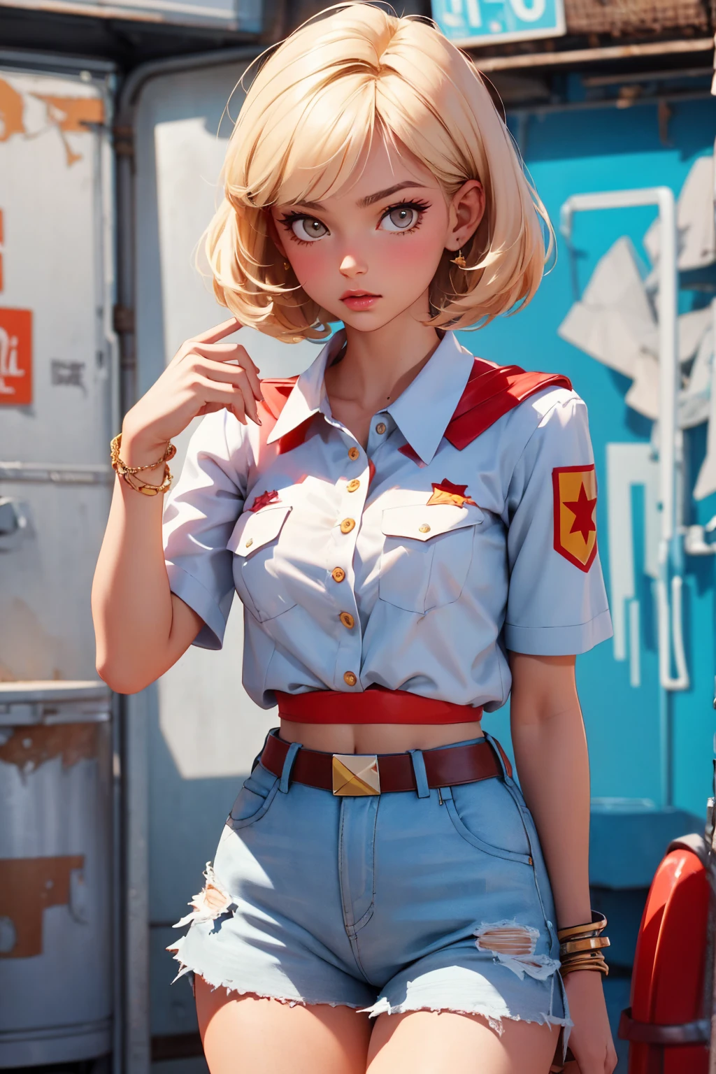 Teenage soviet pioneer girl-model 18 years old, beautiful, too much tanned, blonde, bob hair, bangs, brown eyes, beautiful figure, girl wearing crop white shirt and too much short mini shorts, long legs, slave bracelets, manicure, cute makeup, flirtatiously posing, hot summer, hot flirty, sexy posing, summer outfit, top quality, higest quality, pin-up style, retro 80s style, soviet pioneer style