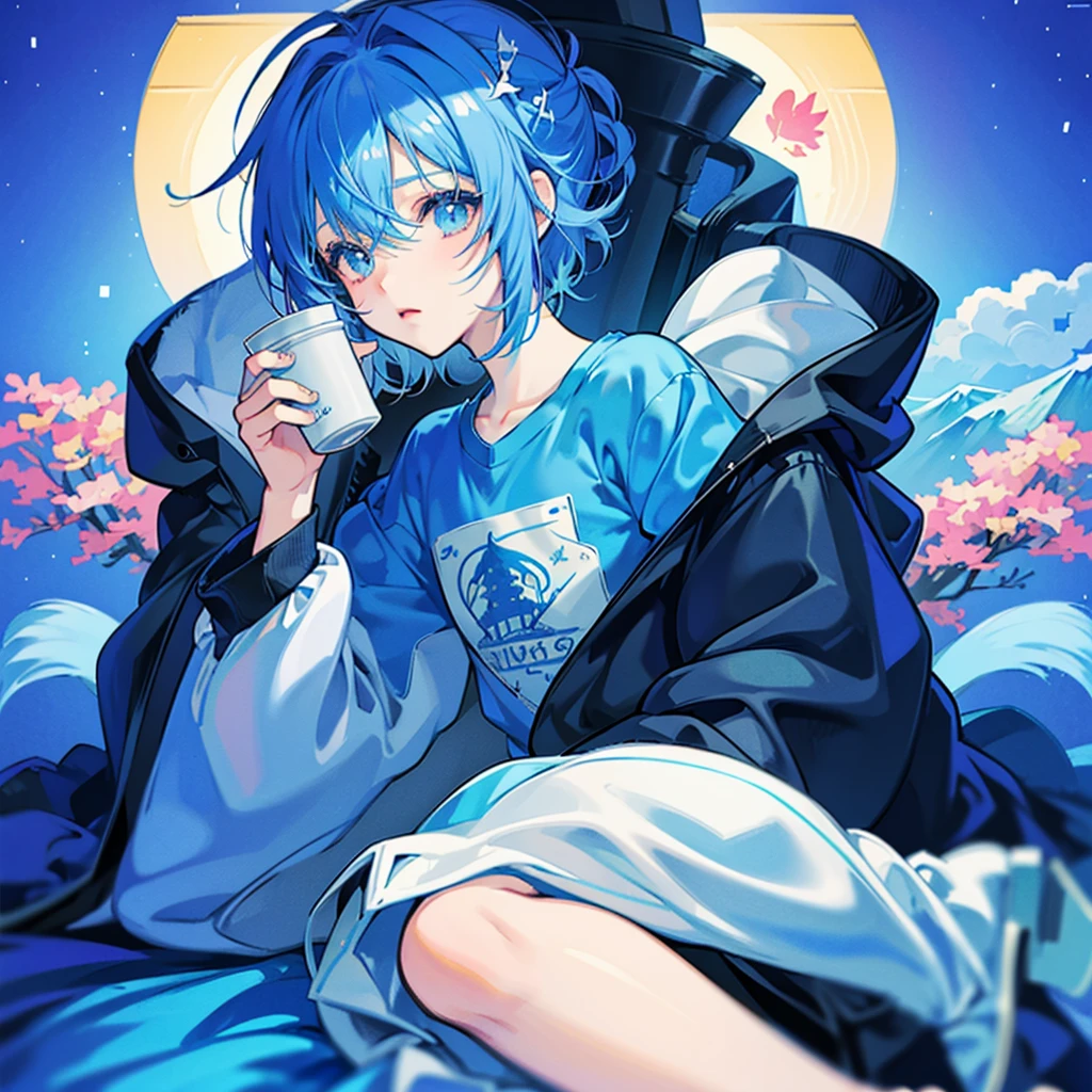 shark hooded anime character holding a cup of coffee, cute anime, kawaii rainy gloomy, 2d anime style, maple story character art, Boy Anime, cute character, kawaii chibi, blue color, chibi anime, Cute anime style, game art!!, wearing a blue sweatshirt, cute art, cute art style, blue theme, high quality fanart