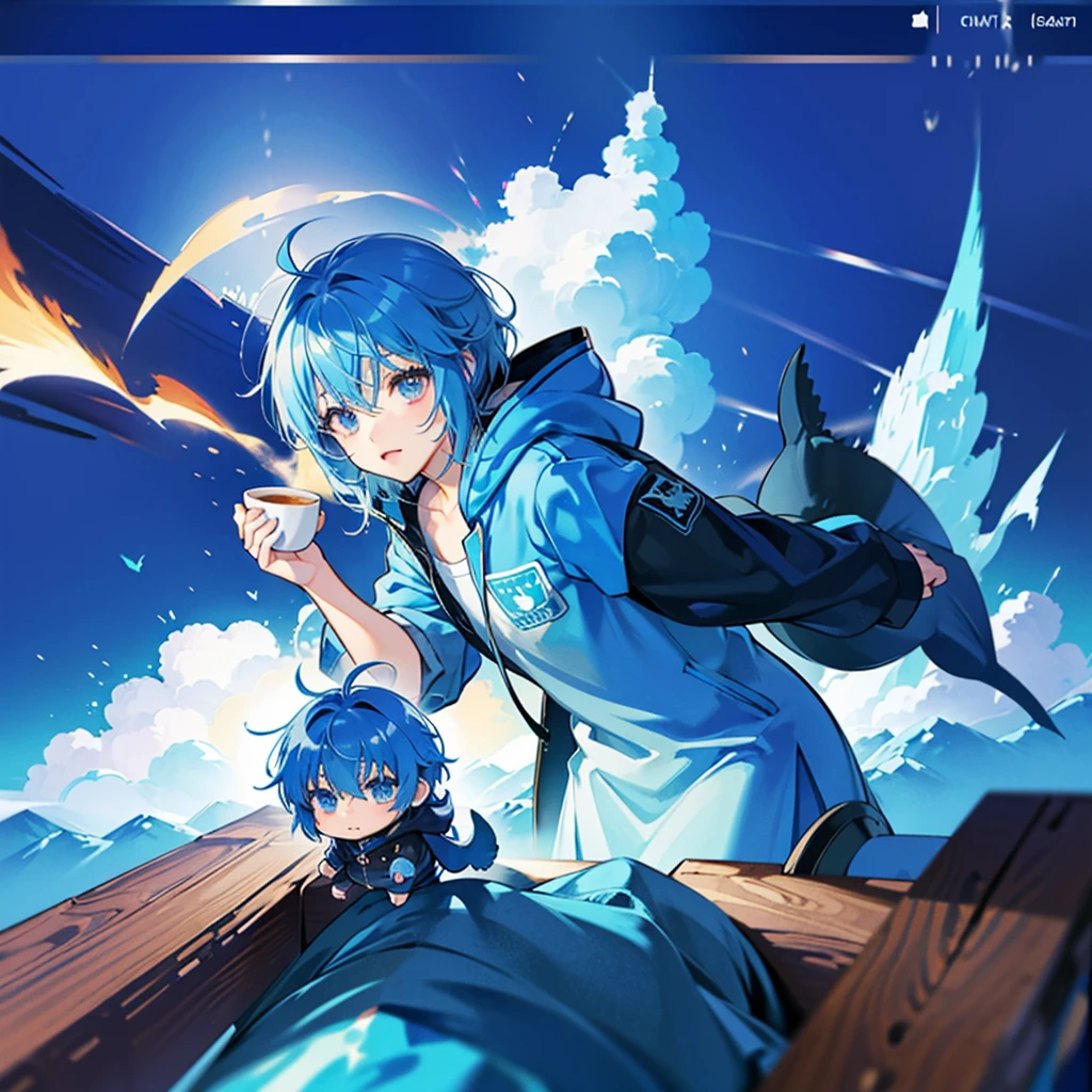 shark hooded anime character holding a cup of coffee, cute anime, kawaii rainy gloomy, 2d anime style, maple story character art, Boy Anime, cute character, kawaii chibi, blue color, chibi anime, Cute anime style, game art!!, wearing a blue sweatshirt, cute art, cute art style, blue theme, high quality fanart