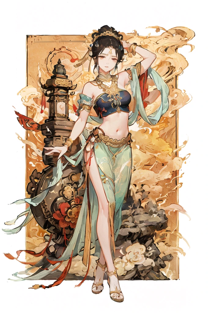 arafed image of a woman in a belly dance costume, alphonse mucha and rossdraws, by Yang J, inspired by Fenghua Zhong, full color illustration, a beautiful fantasy empress, inspired by Lan Ying, by Shen Zhou, a beautiful artwork illustration, by Qu Leilei, by Yan Hui, by Zeng Jing, by Lu Guang