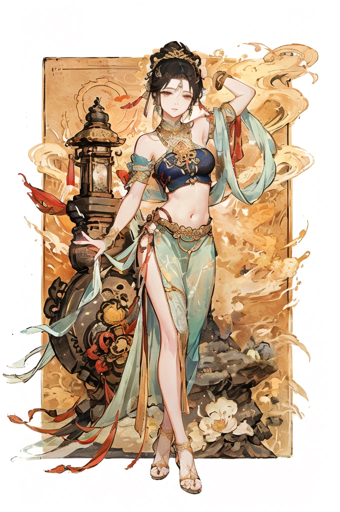 arafed image of a woman in a belly dance costume, alphonse mucha and rossdraws, by Yang J, inspired by Fenghua Zhong, full color illustration, a beautiful fantasy empress, inspired by Lan Ying, by Shen Zhou, a beautiful artwork illustration, by Qu Leilei, by Yan Hui, by Zeng Jing, by Lu Guang