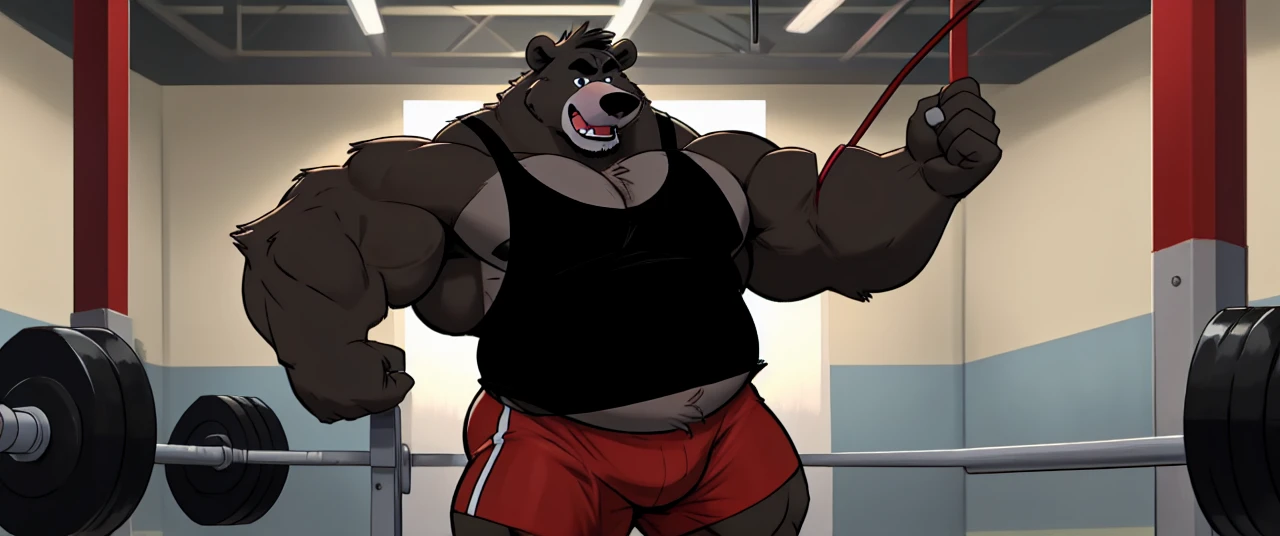 ((masterpiece, best quality)),solo, 1bear, solo, baloo, huge thick muscular, black gym shorts, black tank top, black eyes, furry, bear, no humans, gymnasium, cable crossover machine set, pulling the cables, growling and grunting, being super strong