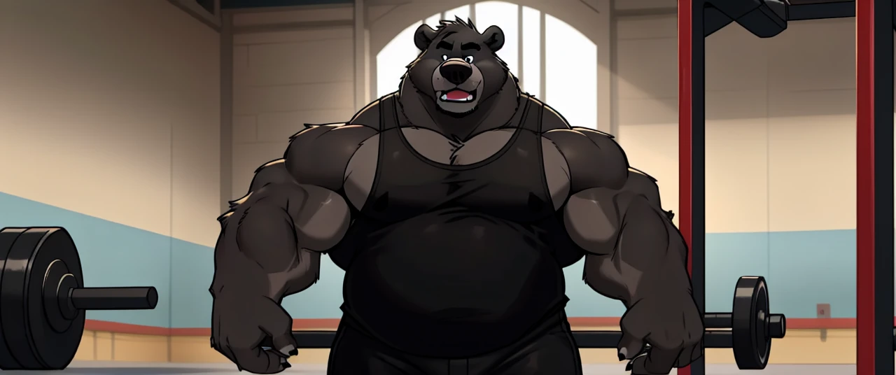 ((masterpiece, best quality)),solo, 1bear, solo, baloo, huge thick muscular, black gym shorts, black tank top, black eyes, furry, bear, no humans, gymnasium, cable crossover machine set, pulling the cables, growling and grunting, being super strong