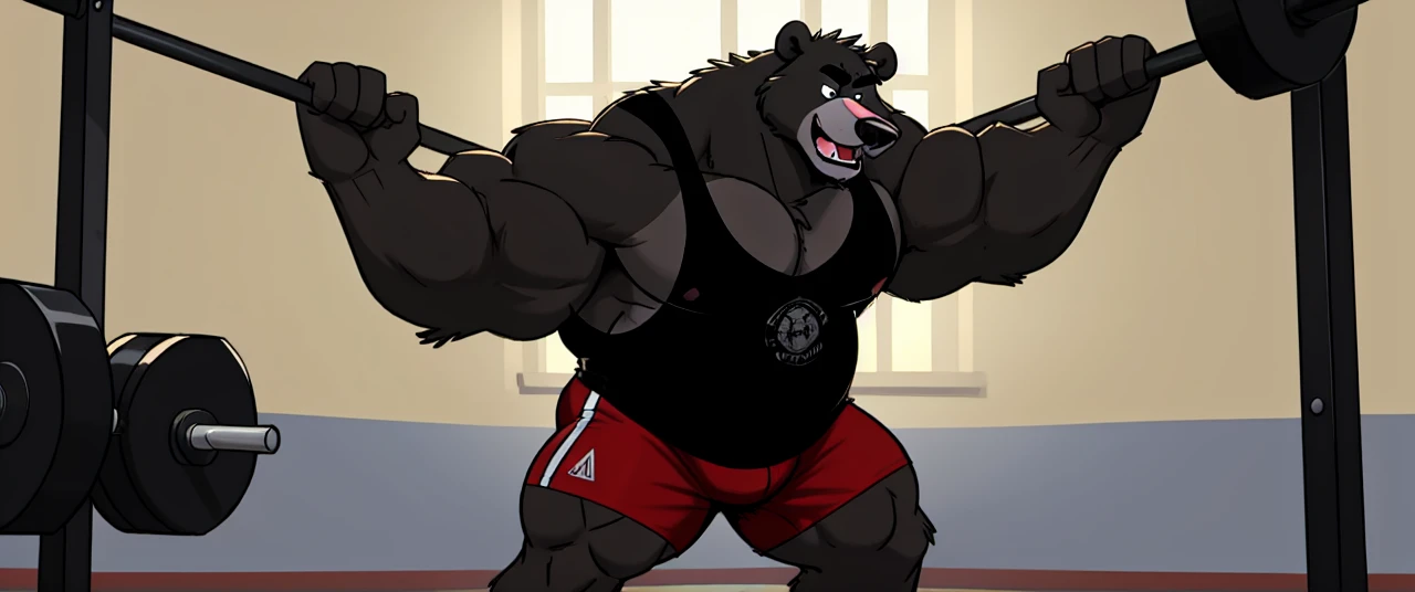 ((masterpiece, best quality)),solo, 1bear, solo, baloo, huge thick muscular, black gym shorts, black tank top, black eyes, furry, bear, no humans, gymnasium, cable crossover machine set, pulling the cables, growling and grunting, being super strong