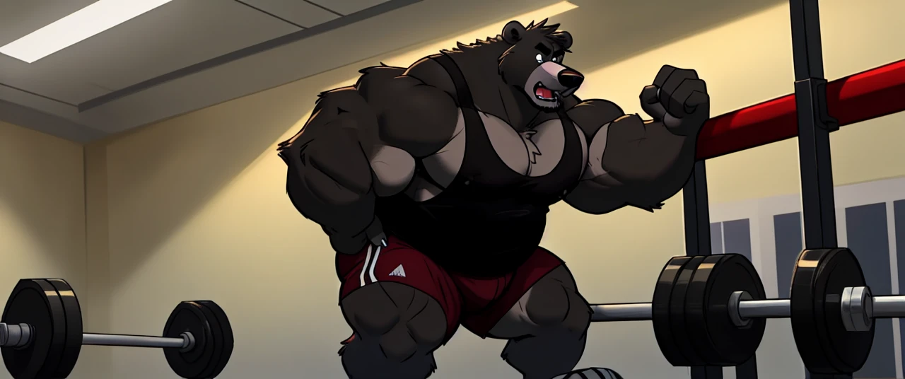 ((masterpiece, best quality)),solo, 1bear, solo, baloo, huge thick muscular, black gym shorts, black tank top, black eyes, furry, bear, no humans, gymnasium, cable crossover machine set, pulling the cables, growling and grunting, being super strong