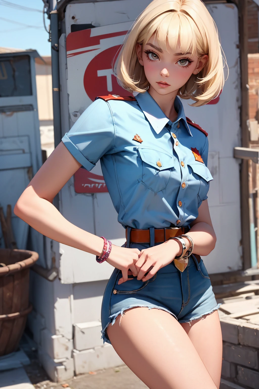 Teenage soviet pioneer girl-model 18 years old, beautiful, too much tanned, blonde, bob hair, bangs, brown eyes, beautiful figure, girl wearing crop white shirt and too much short mini shorts, long legs, slave bracelets, manicure, cute makeup, flirtatiously posing, hot summer, hot flirty, sexy posing, summer outfit, top quality, higest quality, pin-up style, retro 80s style, soviet pioneer style