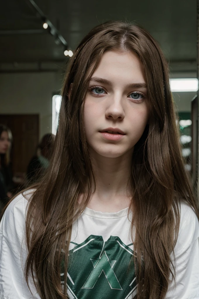 Realistic ager, pale skin, long light brown hair metalhead style, light green eyes, baggy eyes, hunter's look, metal band shirt "Megadeth" black in color, expression showing tongue, his tongue has a piercing