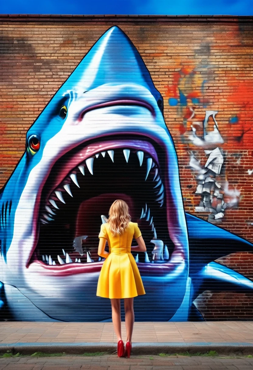 [View from the front, (octane) ((very realistic)), huge shark mouth, graffiti mural on a brick wall ((detailed by Conor Harrington))::20]:[oil painting, extreme detail, small doll of Scarlett Johansson in full height, screaming, falling pose ((by John Wilhelm))], intricately, extremely attractive art, ((Best quality)), ((Masterpiece)), ((realistic)), (perfect), 8K, impressionism:0.2"