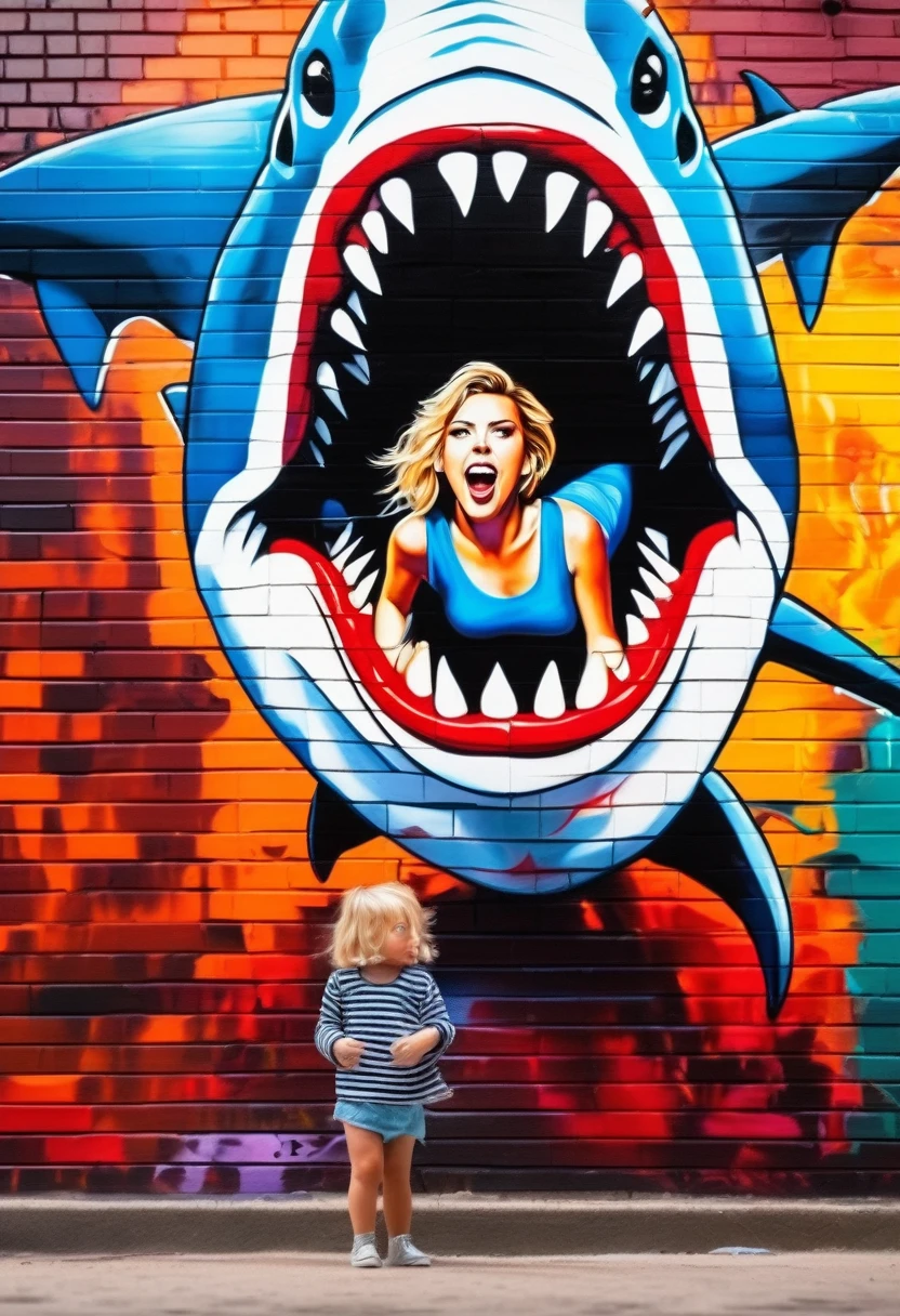 [View from the front, (octane) ((very realistic)), huge shark mouth, graffiti mural on a brick wall ((detailed by Conor Harrington))::20]:[oil painting, extreme detail, small doll of Scarlett Johansson in full height, screaming, falling pose ((by John Wilhelm))], intricately, extremely attractive art, ((Best quality)), ((Masterpiece)), ((realistic)), (perfect), 8K, impressionism:0.2"