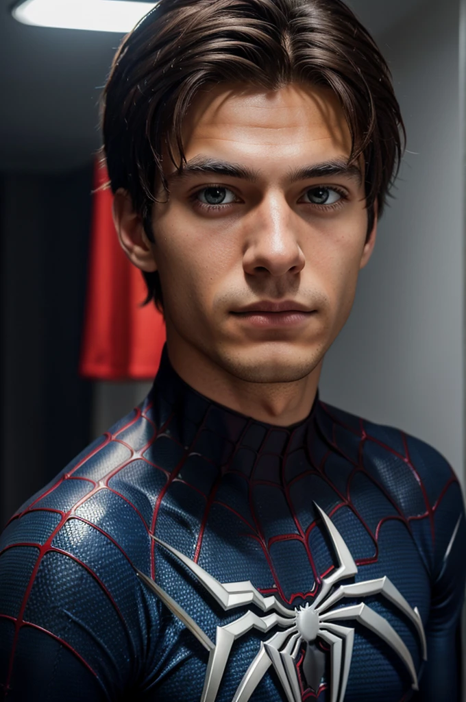 A photograph of spider man, no mask, 20 yo, handsome, detailed face, looking at camera, portrait, 8k uhd, high quality