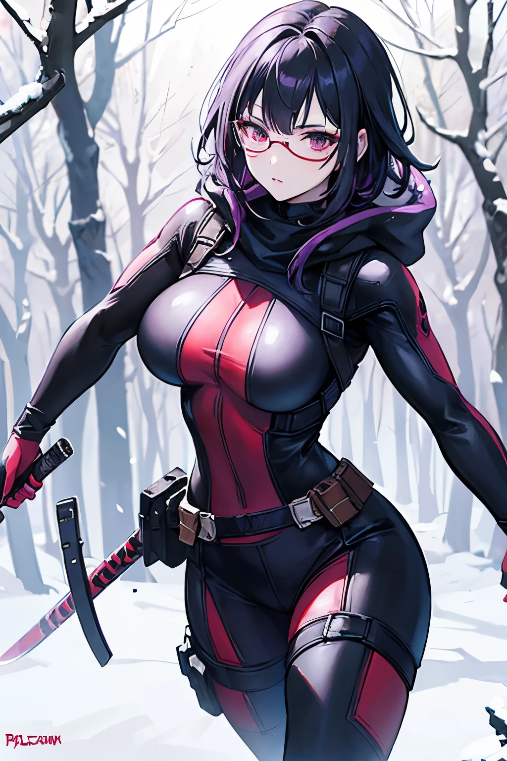a light-skinned woman with glasses, black hair painted with purple tips dressed as deadpool with a sword fighting in a winter forest