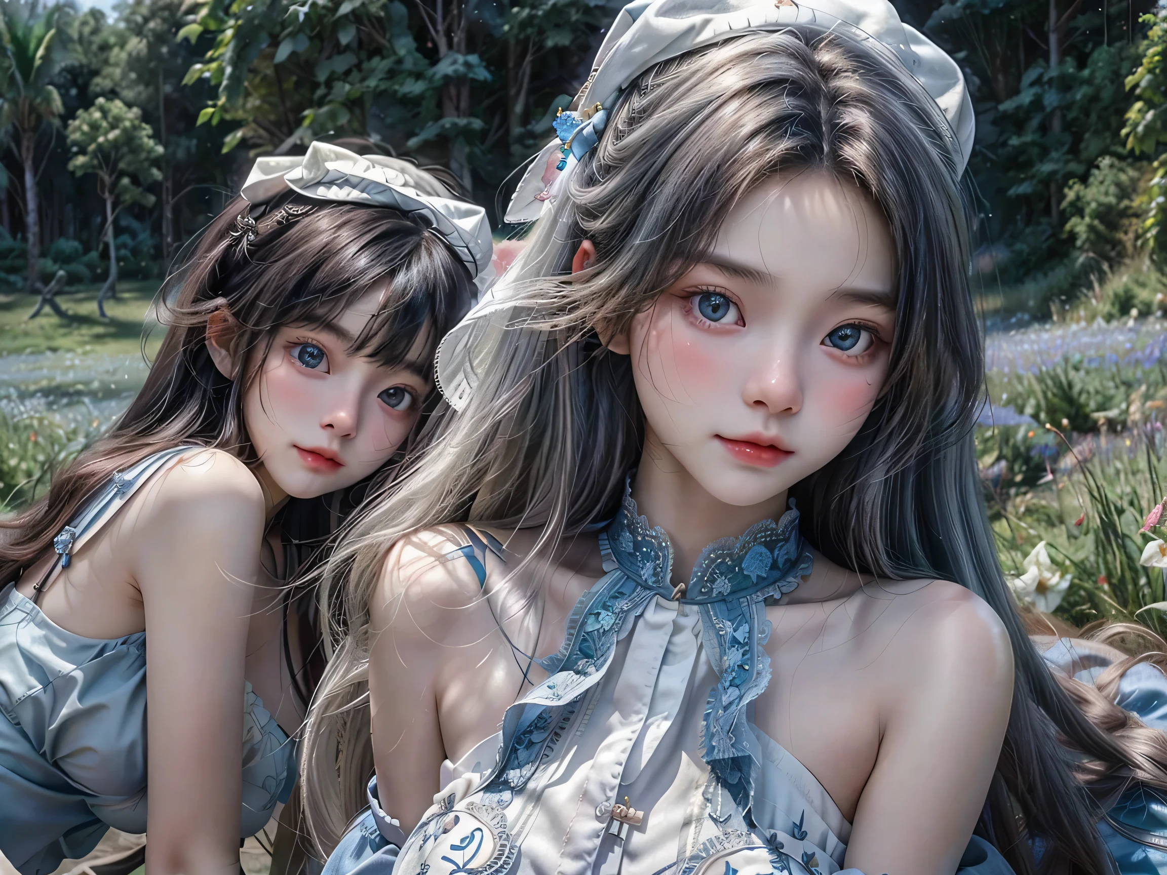 (3 girls), Indonesian baby face, 18 years old,long hair, white skin, big breast, blue eyes, meadow, silver hair, 8K, The details are very realistic..., There is a lot of light..., The best of photography (Navy strapless dress:1.2)(3 girls)