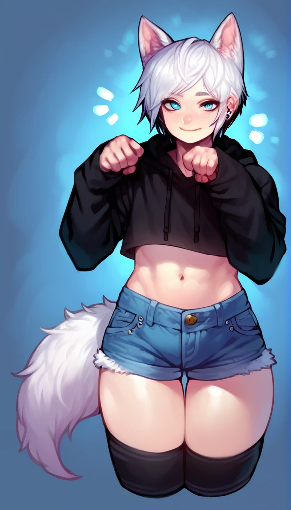 score_9_up, Expressiveh, smile, tomgirl, (with white hair, short punk hairstyle, half shaved hair style), (shy, cute face expression, has glowing blue eyes), (wolf ears, wolf tail), calm pose, (wearing denim short shorts and a cropped black hoodie), (curvy body), (wearing thigh high socks), solo, flat chest