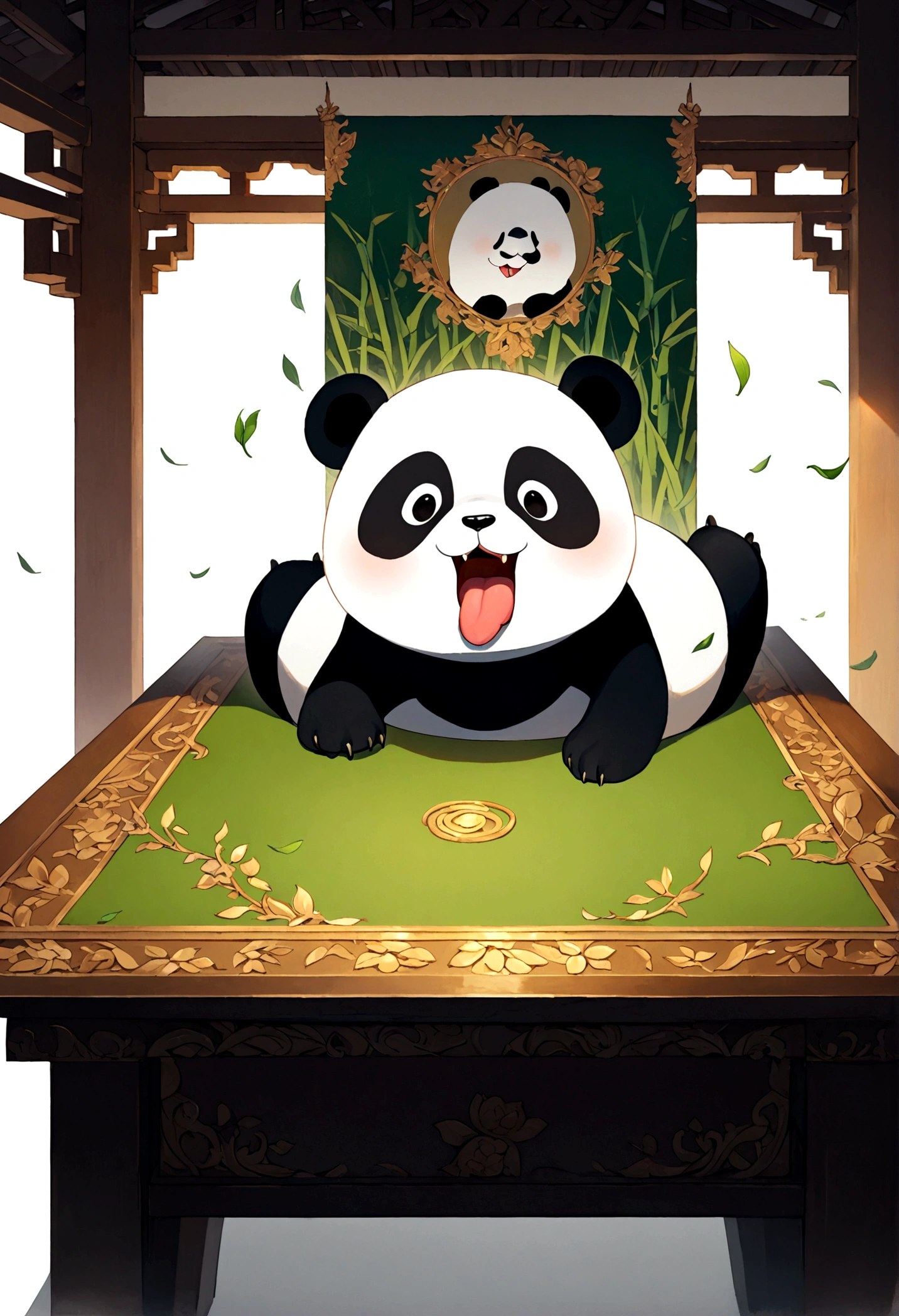 List of cute Chinese giant panda emojis,cartoon animals,A green bamboo leaf on the head,Hands on hips,Short legs, (((Sad expression,Excited expression,Naughty tongue sticking out expression,Winking teasing expression))) , (((Detailed panda animal portrait table,Front view,side view,three quarter view))) (((White background))),masterpiece,Extreme details,8K resolution,panoramic,Depth of Field