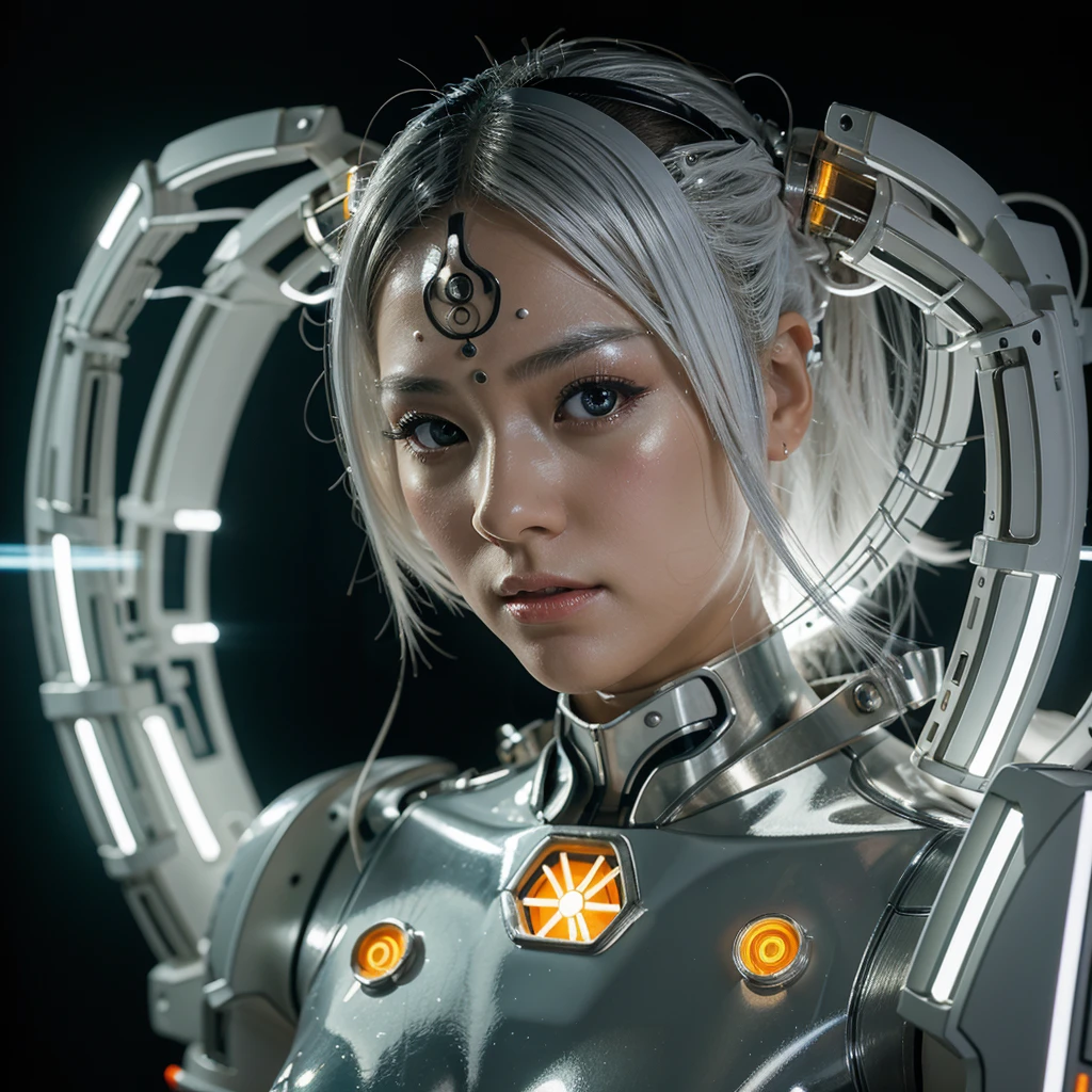A photograph of mid-twenties Japanese female android made of shiny white and silver translucent glass and plastic, geisha makeup and hairstyle, silver metal internal body mechanisms, dynamic pose, flowing organic construction, glowing golden circuitry, colorful neon trim, glowing circuitry, neon trim, depth of field focus f/2.8, art by H.R. Giger, Greg Rutowski