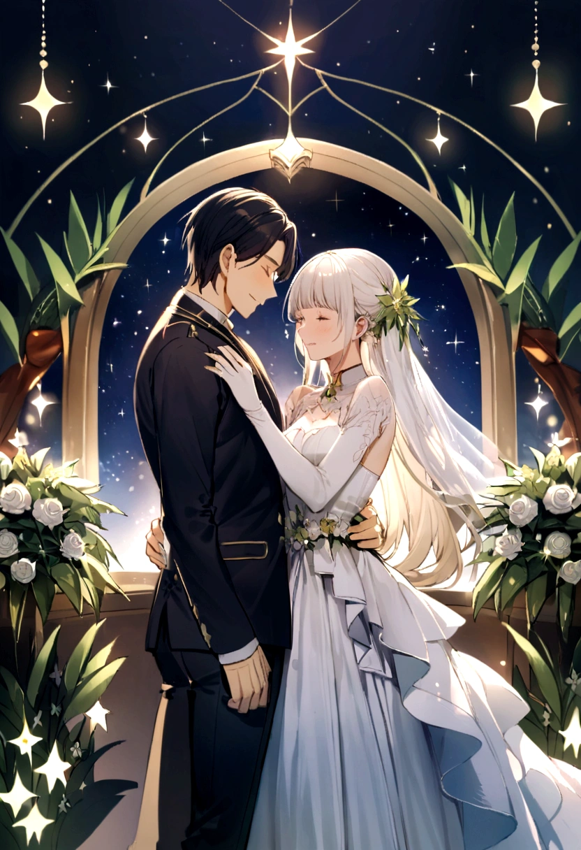 Couple in their 30s, Embrace,The entire starry sky of the galaxy,grow,sparkling moonlight,unlimited,A wonderful sight