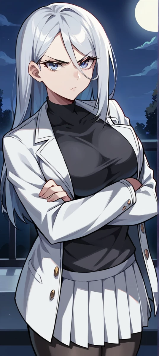 1 girl, ((Girl is curvy and slim, attractive and tall)), ((Girl has long silver hair)), ((purple and blue gradient eyes)), ((Girl wears a black body shirt, white jacket, short white pleated skirt, black stocking)), ((Girl is in the bedroom)), ((Girl is looking at viewer, serious, crossing arms)), 8k, ray tracing, night, zooming out