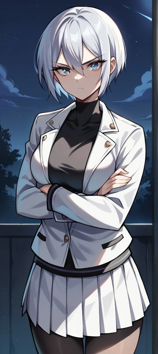 1 girl, ((Girl is curvy and slim, attractive and tall)), ((Girl has long silver hair)), ((purple and blue gradient eyes)), ((Girl wears a black body shirt, white jacket, short white pleated skirt, black stocking)), ((Girl is in the bedroom)), ((Girl is looking at viewer, serious, crossing arms)), 8k, ray tracing, night, zooming out