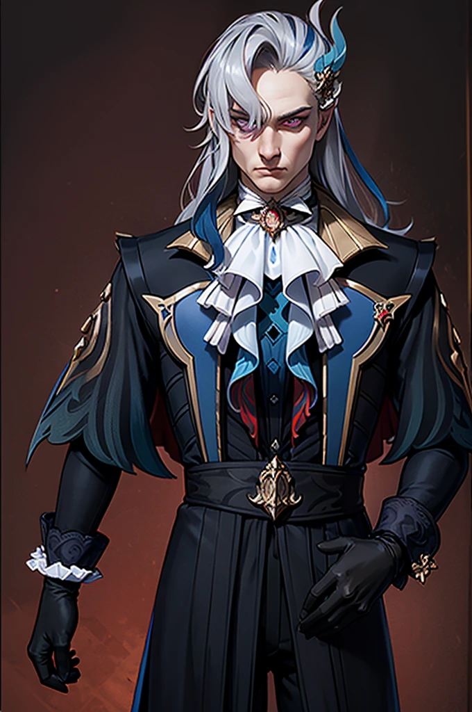 masterpiece, best quality, Neuvillette, 1 man ,long hair,grey hair,multicolored hair,feather hair ornament, purple eyes, red glare eyes, jewelry,ascot,long sleeves, shirt,gloves, black pants,Red background, looking down, angry, front pose, waist portrait, hands in front