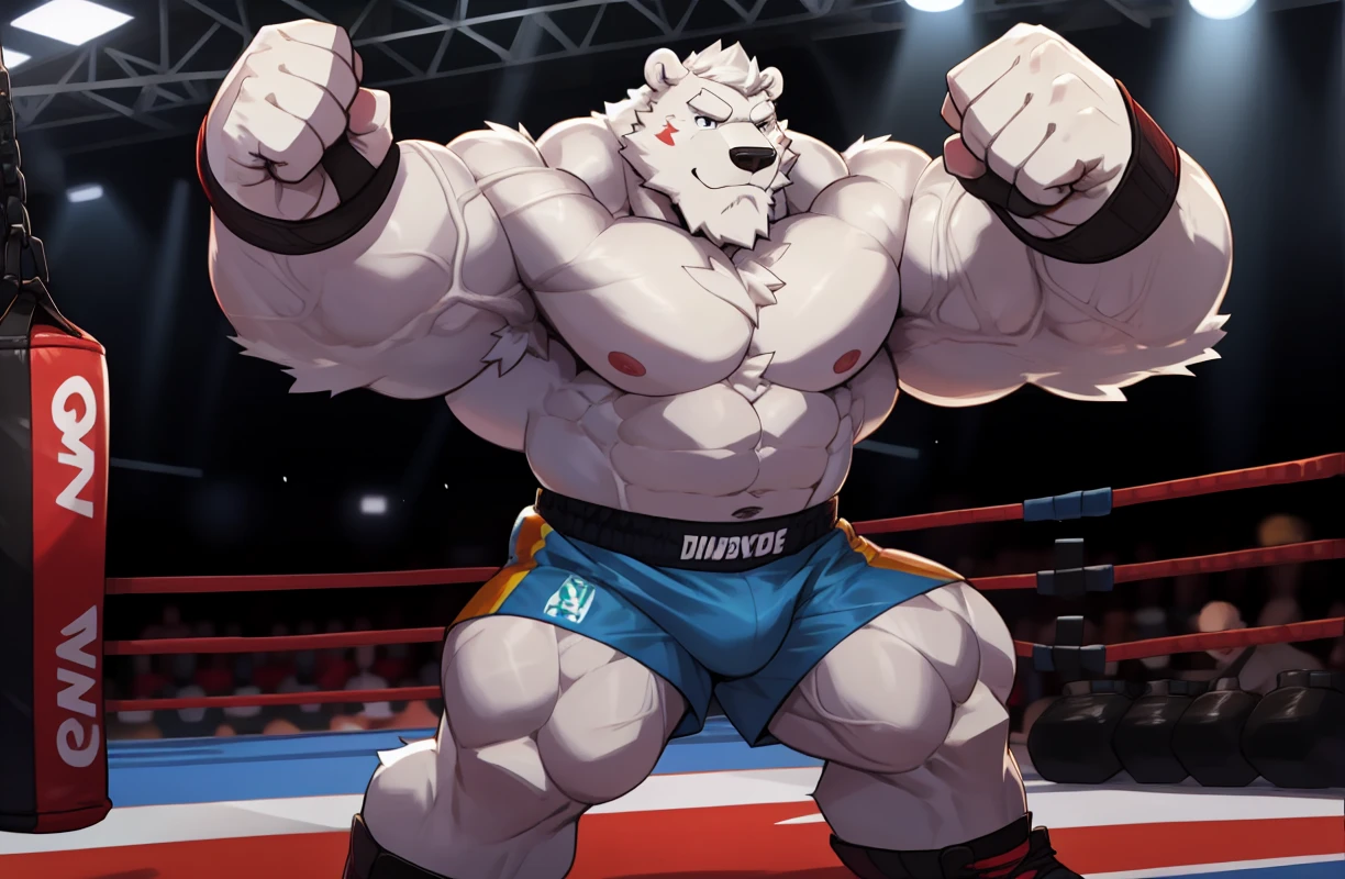 solo, 1boy, Huge Muscular Daddy White Polar Bear wearing glasses, huge white fur, pectoral, huge pectoral, wide pectoral, short white hair, blue colored gym short pants, blue colored wrapped hands and shirtless and toppless, white bearded, white Mustache, white fur, gym background, boxing training, veins popping masterpiece, high detailed, 8k, high resolution, at the gym, sparring 