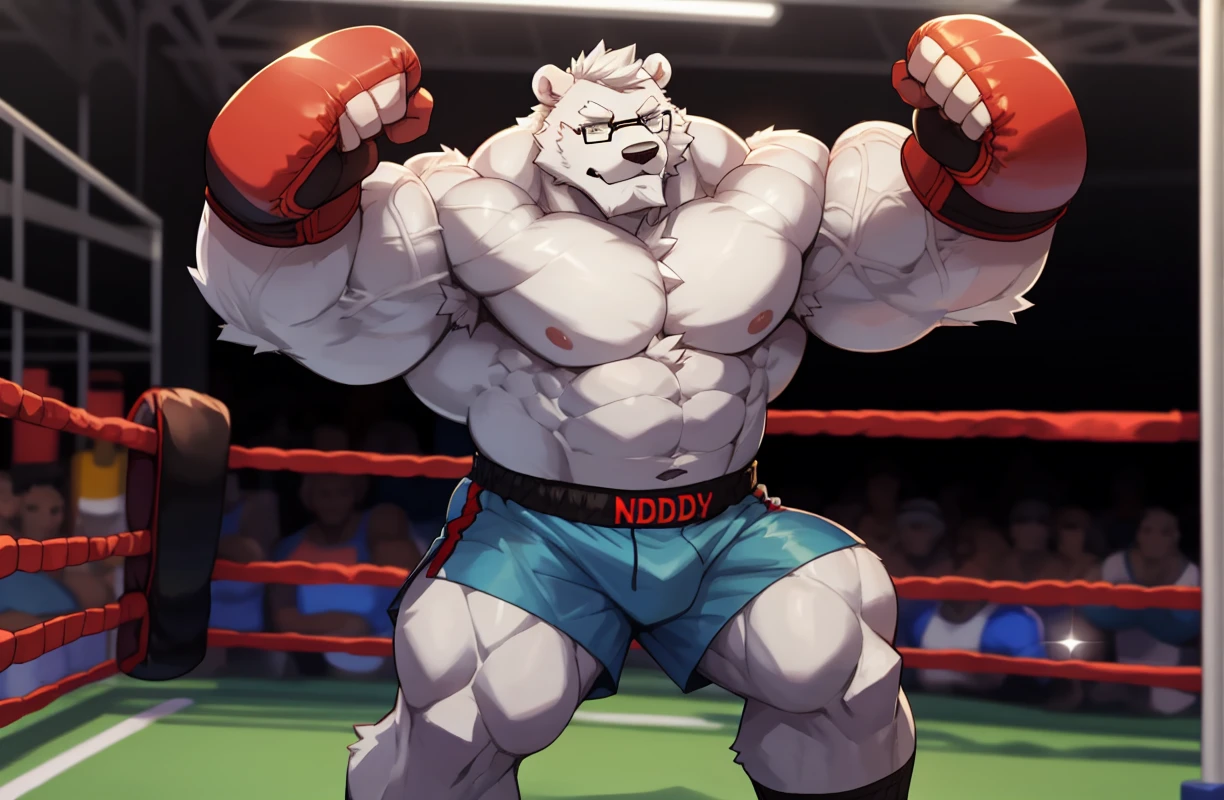 solo, 1boy, Huge Muscular Daddy White Polar Bear wearing glasses, huge white fur, pectoral, huge pectoral, wide pectoral, short white hair, blue colored gym short pants, blue colored wrapped hands and shirtless and toppless, white bearded, white Mustache, white fur, gym background, boxing training, veins popping masterpiece, high detailed, 8k, high resolution, at the gym, sparring