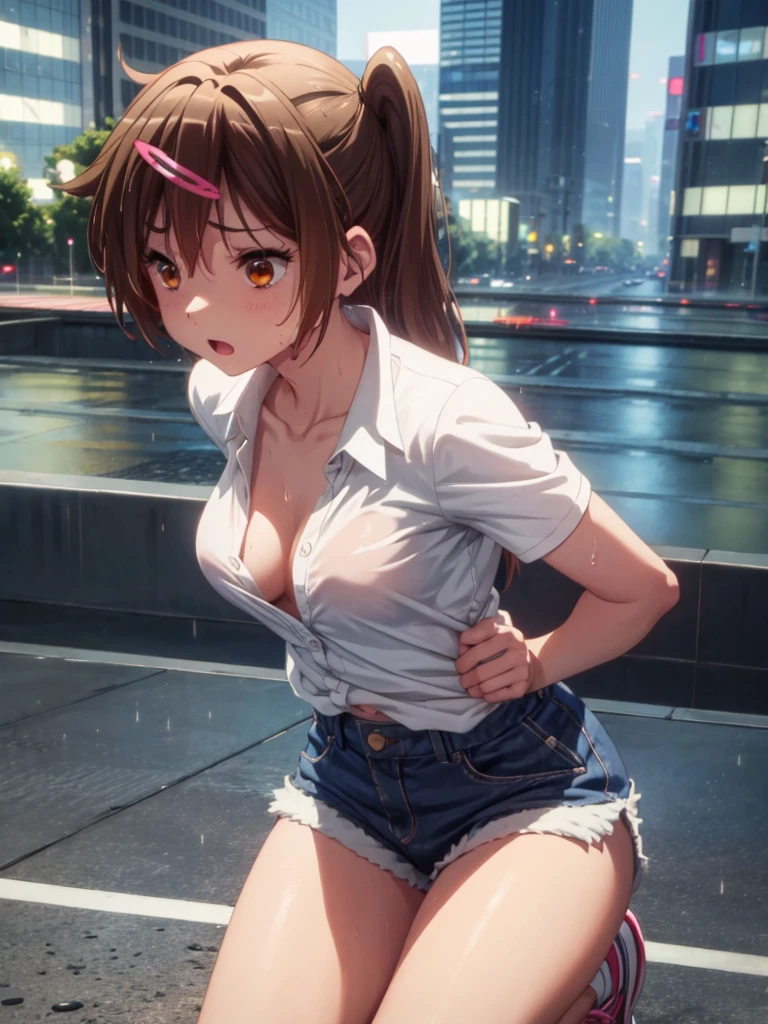 Girl, short short, Shirt unbuttoned, You can see her breasts, Skyscraper Window background, openlegs, night, Bare chest, small breast, slim body, Sneakers , wet body, Wet hair, rain, tokyo , orgasm